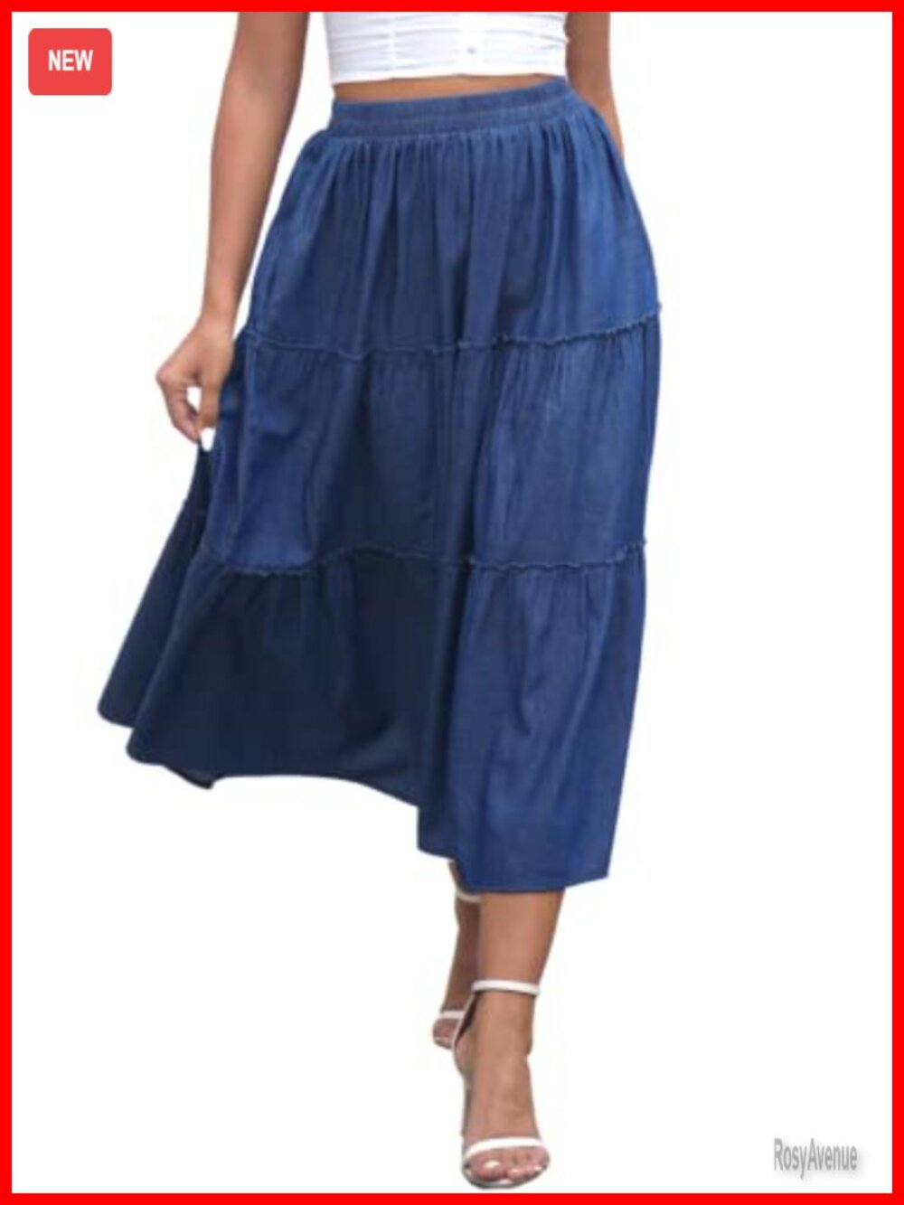 Mae Pleated Flowy Maxi Denim Skirt Tiered Elastic Waist Ruffle Cotton